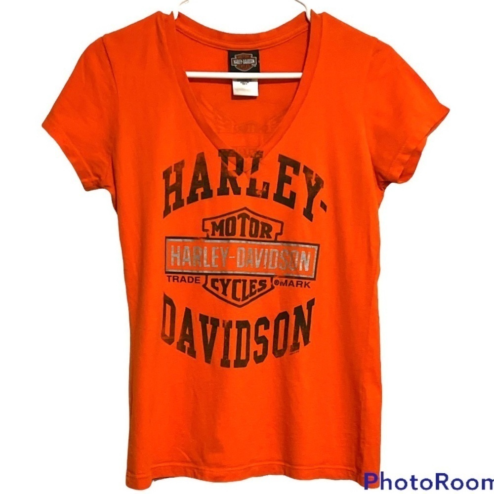 Harley Davidson V-neck Tee Orange Size Small
